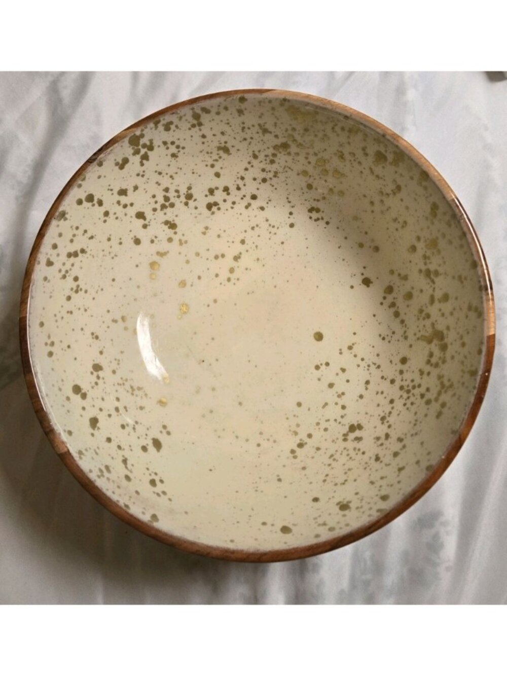 12 Inch Wooden Decorative Salad Bowl With Cream And Gold Accents